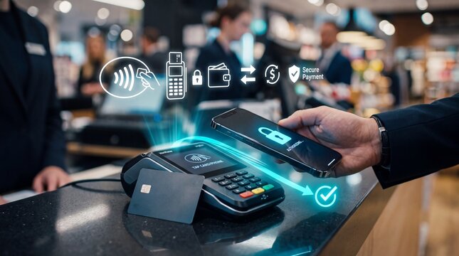 Customer making contactless digital payment using smartphone at retail checkout counter with secure transaction