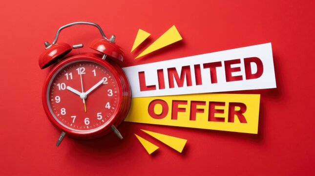 Red alarm clock and limited offer text on red background, marketing and promotion concept.