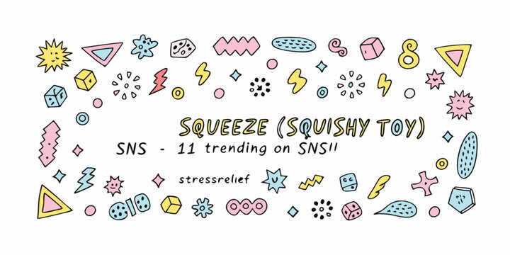 Colorful doodle pattern featuring squishy toy lettering and various shapes