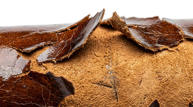 Damaged brown leather texture with peeling surface. Old weathered material showing decay.