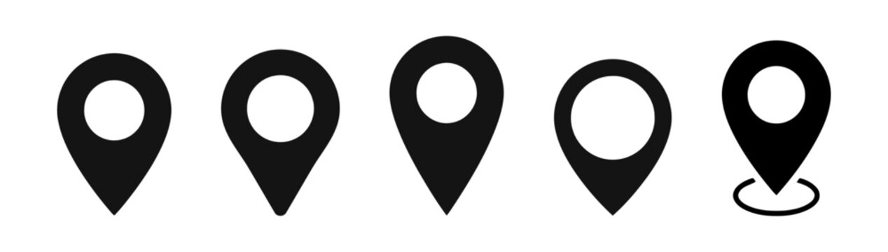 Set of five location map marker pin icons representing navigation and geographic points of interest in a minimalist design with location navigation geographic position destination collection