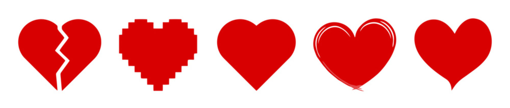 Various red heart shapes including pixelated sketch and solid designs with valentine isolated collection feelings relationship abstract creative ornament decoration minimalist illustration