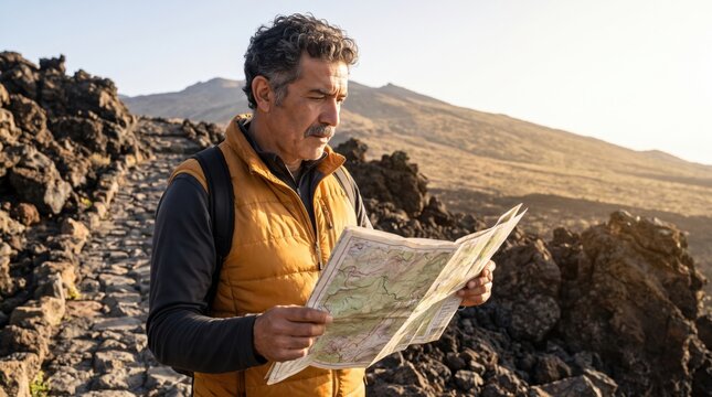 Solitary trail navigator in amber vest consults a terrain map along rugged volcanic footpath, orienting himself among dark lava formations and sunlit slopes during a quiet high-altitude trek
