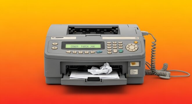 Old grey office fax machine displaying a paper jam error
