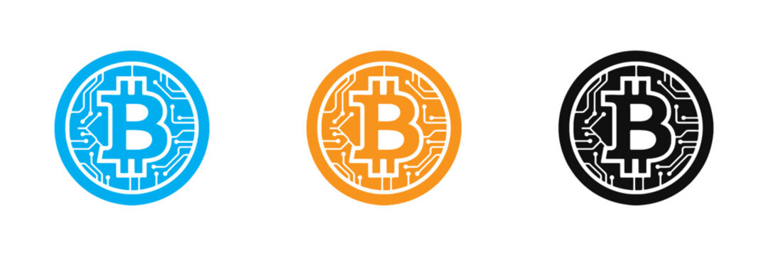 Bitcoin cryptocurrency icon set featuring the iconic 'B' symbol integrated with circuit board line patterns, representing digital currency, blockchain technology, fintech innovations .
