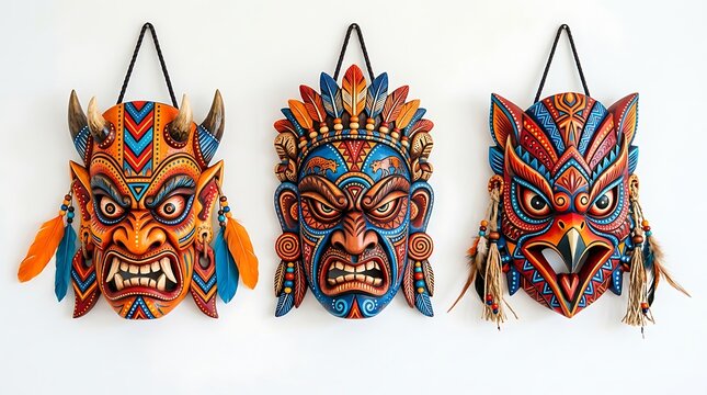 Three ornate handcrafted ritual masks on white wall background with handcrafted