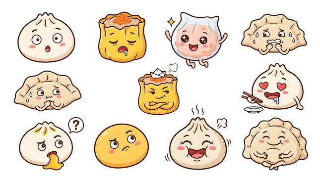 Cute dim sum cartoon characters showing various facial emotions