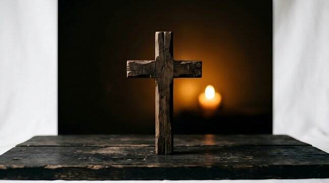 Christian wooden cross on dark table with blurred candle in background, christian