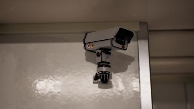 Outdoor CCTV security camera mounted on urban building wall for city surveillance, safety and protection concept, 3D animation