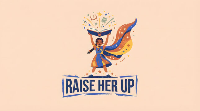 Raise her up girl holding book up high with colorful cape and stars empowering message illustration.
