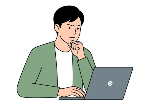 Thoughtful Young Man Working on Laptop, Confused Male Character Problem-Solving Vector Illustration