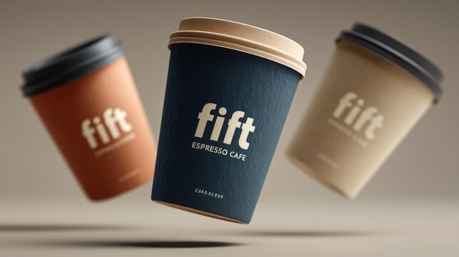 Stylish coffee cups featuring modern branding designed for coffee lovers showcasing vibrant colors and unique designs suitable for marketing or promotional use. Generative AI