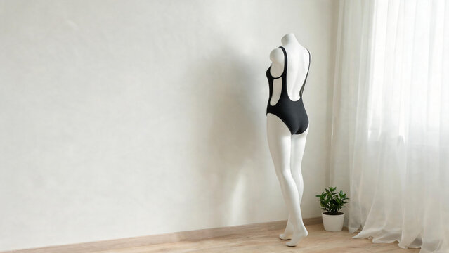 monokini. White dress form mannequin wearing black cutout-back monokini beside sheer curtain and potted plant, fashion retail interior concept, lifestyle magazines.