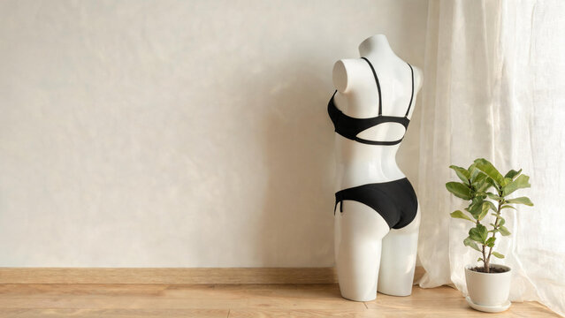 monokini. White dress form mannequin wearing black cutout-back monokini beside sheer curtain and potted plant, fashion retail interior concept, lifestyle magazines.