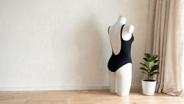 monokini. White dress form mannequin wearing black cutout-back monokini beside sheer curtain and potted plant, fashion retail interior concept, lifestyle magazines.
