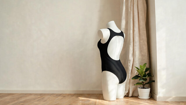 monokini. White dress form mannequin wearing black cutout-back monokini beside sheer curtain and potted plant, fashion retail interior concept, lifestyle magazines.
