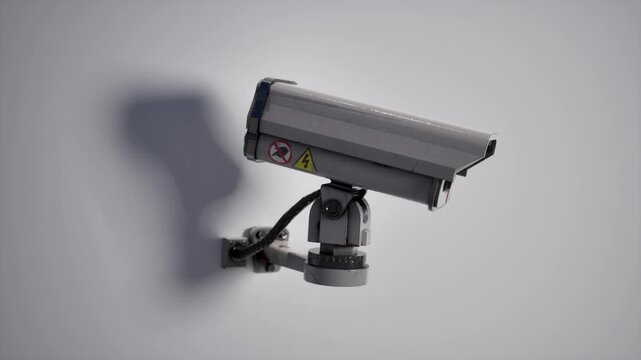 Outdoor CCTV security camera mounted on urban building wall for city surveillance, safety and protection concept, 3D animation