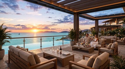 Fototapeta premium Elegant couple enjoys a luxurious sunset cocktail hour on an expansive outdoor villa terrace overlooking the serene blue ocean during a beautiful golden hour evening