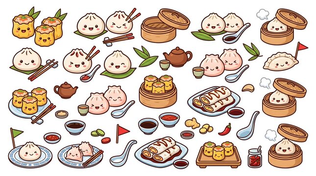 Cute dim sum cartoon character collection with dumplings and buns