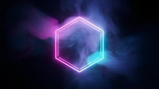 Neon glowing hexagon frame with smoke on dark background