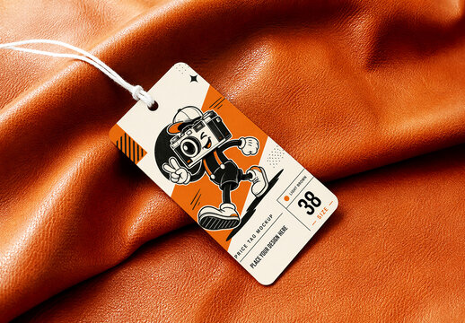 Apparel Hang Tag Mockup on Brown Leather Texture