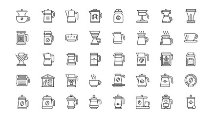Fototapeta premium Coffee maker icons display various brewing methods and espresso machines in a detailed thin line vector set.
