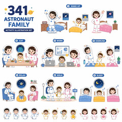 Fototapeta premium Astronaut Family Daily Routine Activities Set