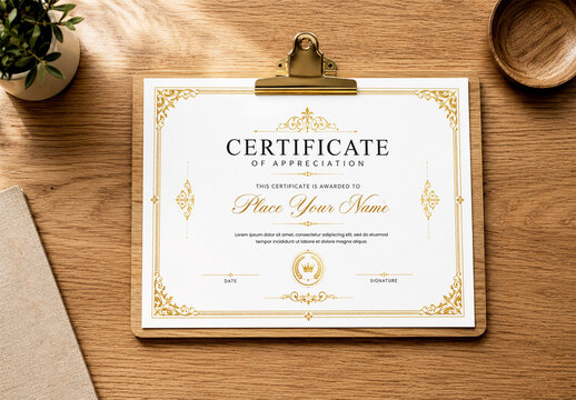 Certificate Mockup on Wooden Clipboard Flat Lay