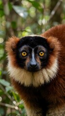 Fototapeta premium A close up portrait of a red ruffed lemur with bright yellow eyes looking at the camera in a green tropical forest