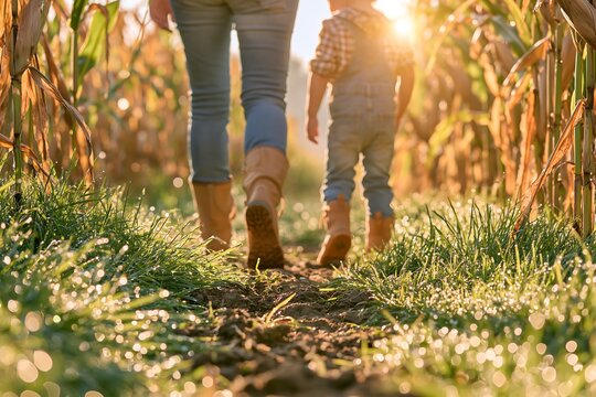 Close up of parent and child legs walking down a path in a cornfield during beautiful warm golden hour sunset
