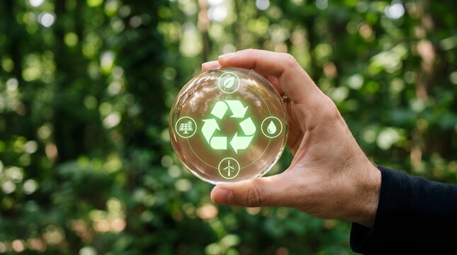 Hand holding a sphere with a recycling symbol and ecological icons, recycling