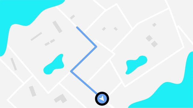 GPS map navigator route with arrow cursor moving towards animation isolated on white background