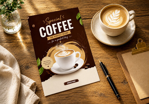 Coffee Shop Flyer and Menu Mockup on Wooden Table