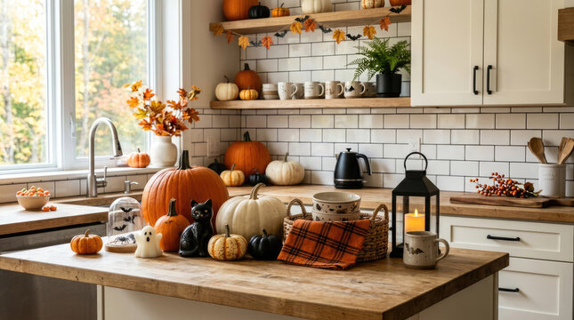 Festive kitchen decorated with autumn pumpkins and Halloween decor for warm seasonal home styling