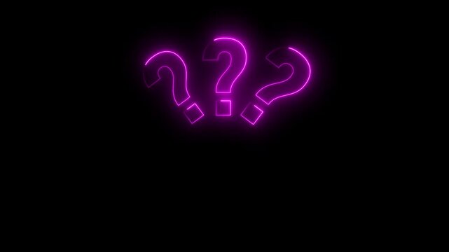 Neon purple question marks glowing animation on black background, for faq and, problem solving concepts