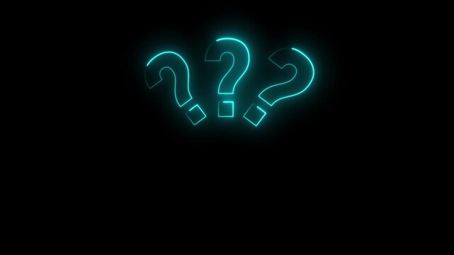 Neon blue question marks glowing animation on black background, for faq and, problem solving concepts sign