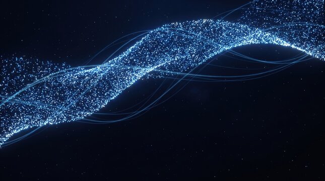 Abstract glowing blue digital particle wave stream with floating light lines on dark background for big data connection and futuristic technology concept.