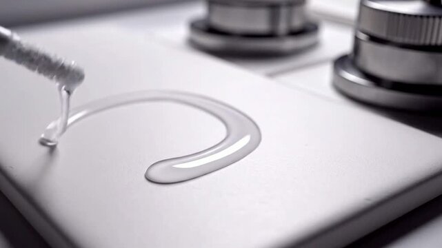 Close-Up of Liquid Droplet on Smooth White Surface, Perfect for Product Showcase, Minimalist Design, and Modern Advertising Contexts