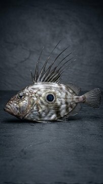 Raw John Dory fish lying on dark slate background in moody studio lighting style