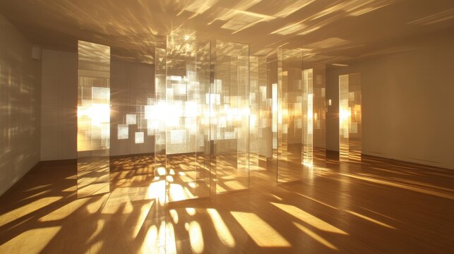 Golden hall of mirrors with reflective surfaces and sparkling light