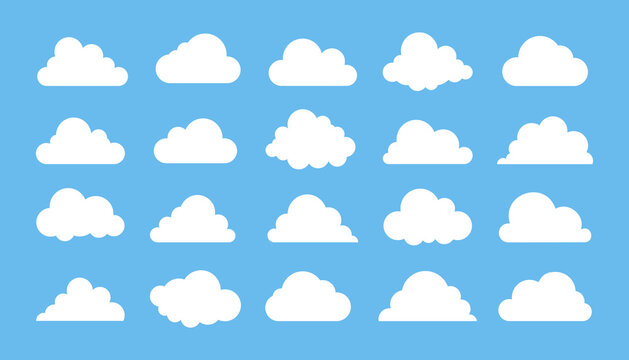 White cloud silhouette icons in flat vector style isolated on sky blue background, simple weather symbol collection for graphic design projects.
