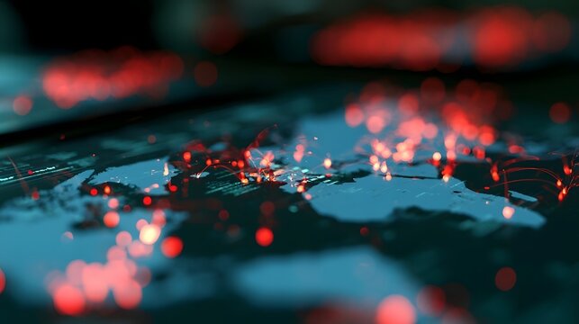 A glowing digital world map showing active network connections and data points across continents under a dark background