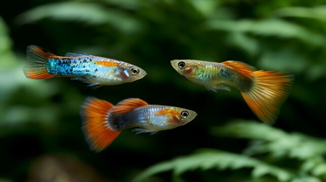 Three colorful guppies swim gracefully through green aquatic plants in clear water  showcasing vibrant orange and blue patterns