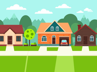 Naklejka premium Colorful Flat Vector Illustration of a Suburban Residential Street with Houses and Mountains