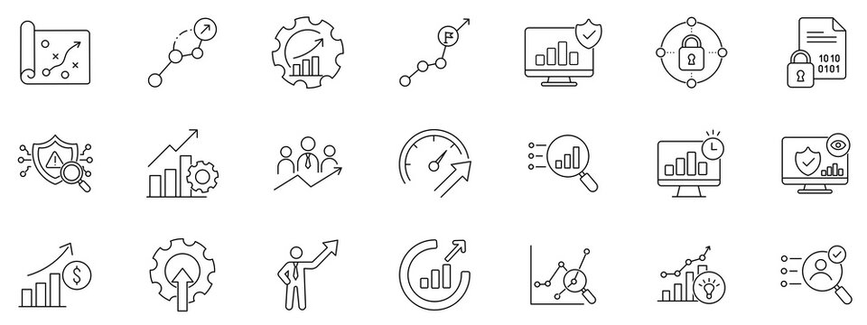 Business analytics and cybersecurity icon set with data protection, financial growth, monitoring dashboard, risk audit, strategic planning, and recruitment symbols.