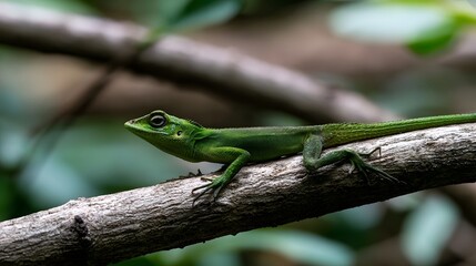 Fototapeta premium A vibrant green lizard perched on a textured tree branch surrounded by soft blurred foliage in natural daylight
