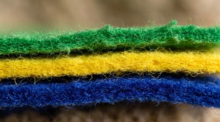 Obraz premium Horizontal Felt Fiber Layers in Green Yellow and Blue Cross Section for Acoustic Insulation and Industrial Textile Background