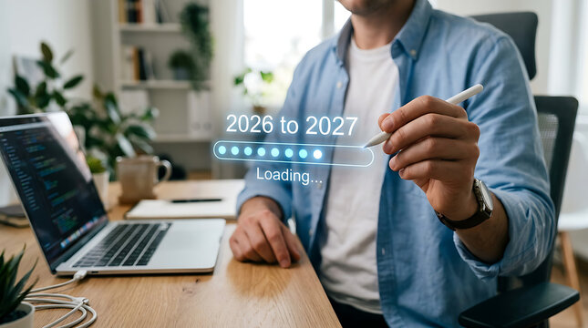 A man interacting with a digital progress bar showing 2026 to 2027 transition using a stylus pen.