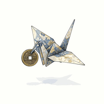 Origami crane carrying gold coin conceptual illustration for investment success blogs, wealth management articles, financial prosperity websites, and savings strategy graphics