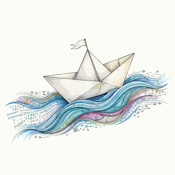Paper boat sailing on data waves conceptual illustration for financial market articles, stock exchange blogs, navigating uncertainty graphics, and business resilience visuals